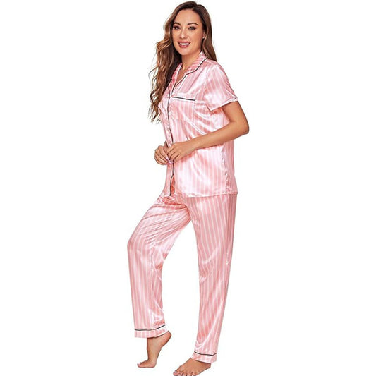 Women's Sleepwear Striped Satin Short Sleeve Shirt and Pants Pajama Set image 1