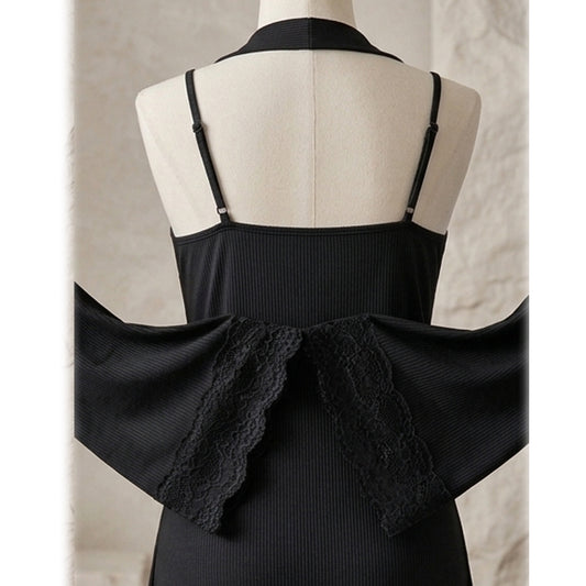 Lace-Trimmed Ribbed Lounge Set – 2-Piece Robe & Nightgown Set