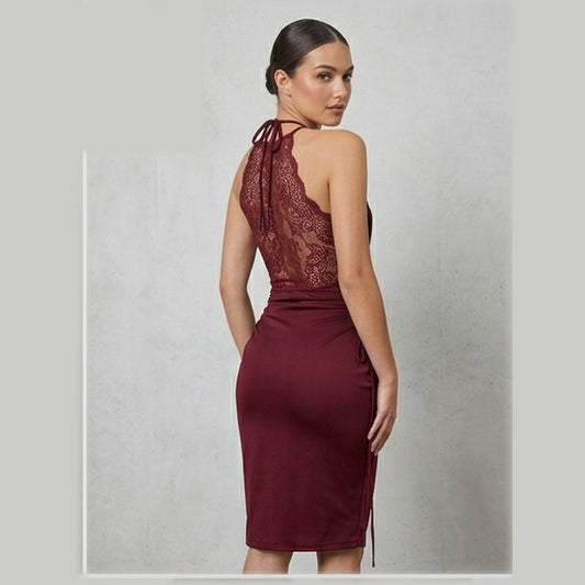 Elegant Burgundy Halter Neck Ruched Midi Dress with Lace Detailing