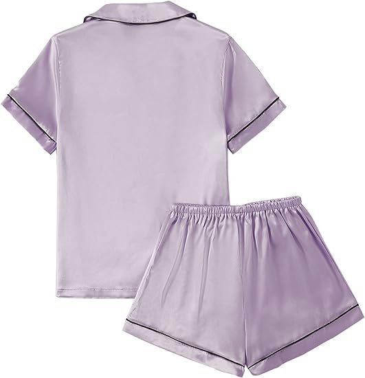 Women’s Satin Pajama Short Sleeve Purple top and Shorts Set image 1