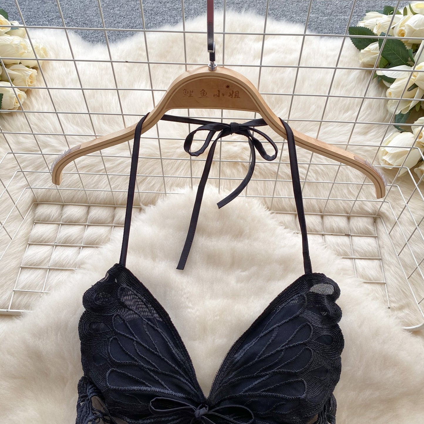 Elegant Butterfly-Inspired Halter Neck Satin Dress with Lace Bodice image 4