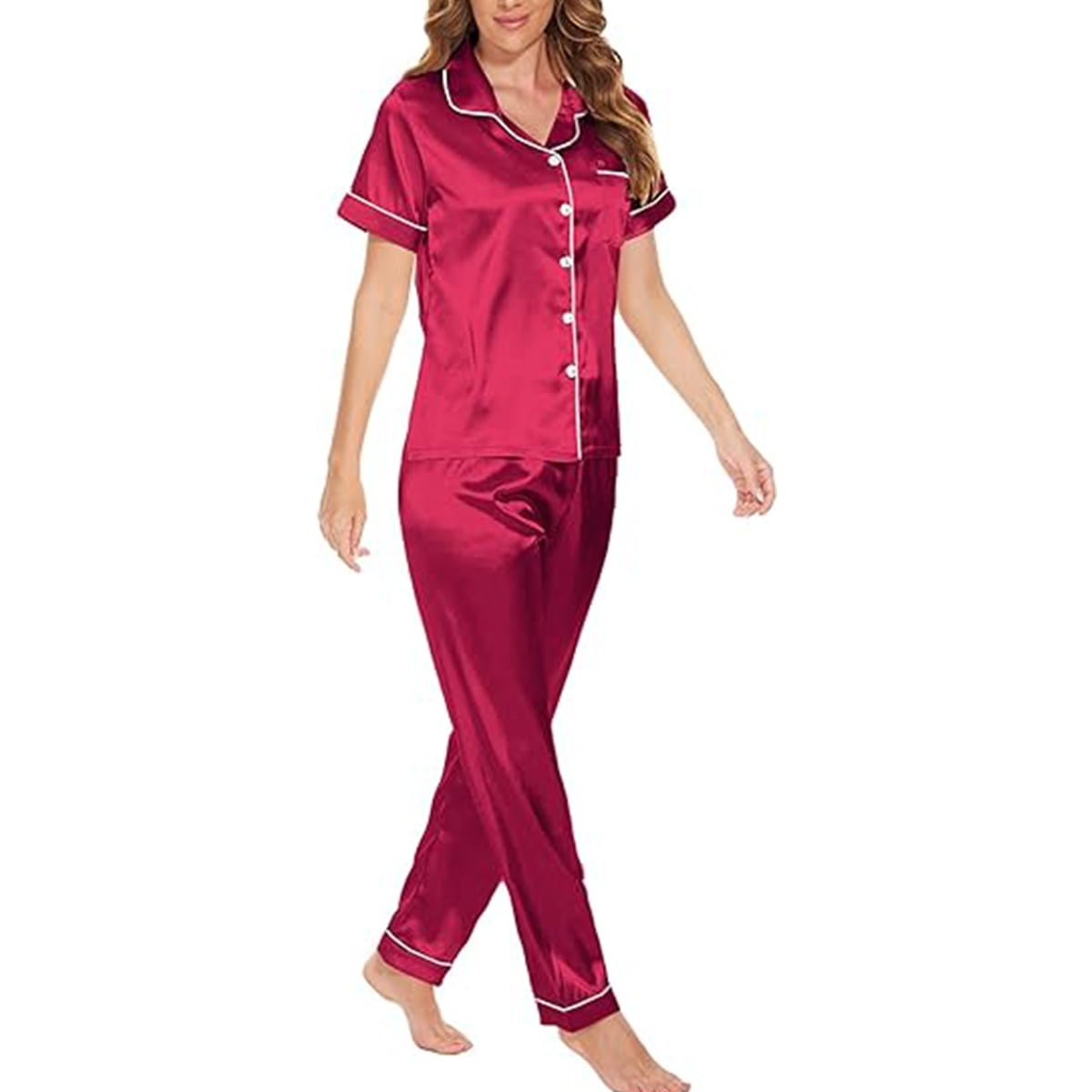 Women’s Satin Pajama Short Sleeve Pink top and Full Length Set image 4
