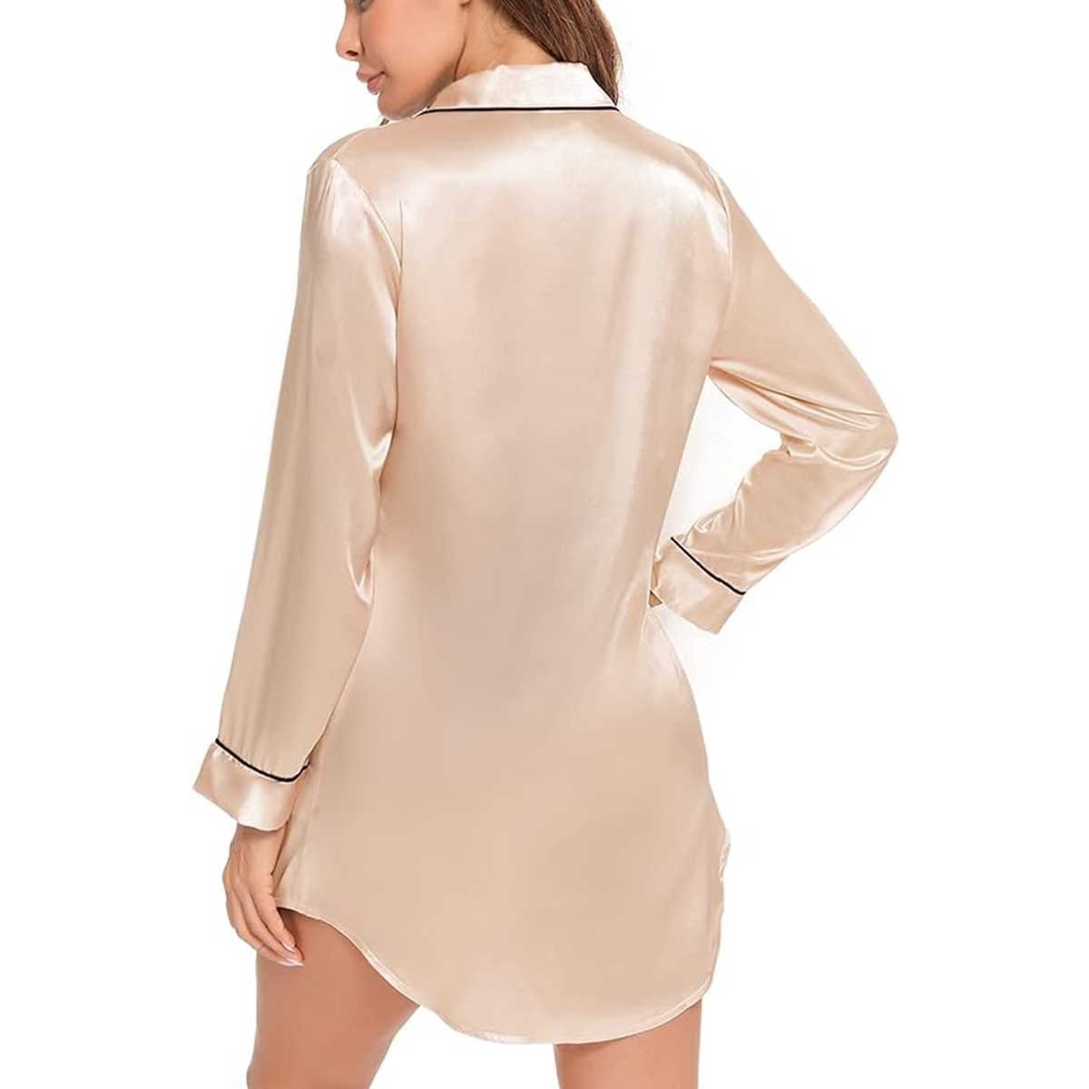 Satin Long Sleeve Sleep Nightshirt Pajama Top Champagne image 3