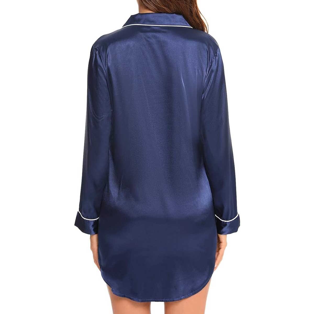 Satin Long Sleeve Sleep Nightshirt Pajama Top Navy Blue image 4