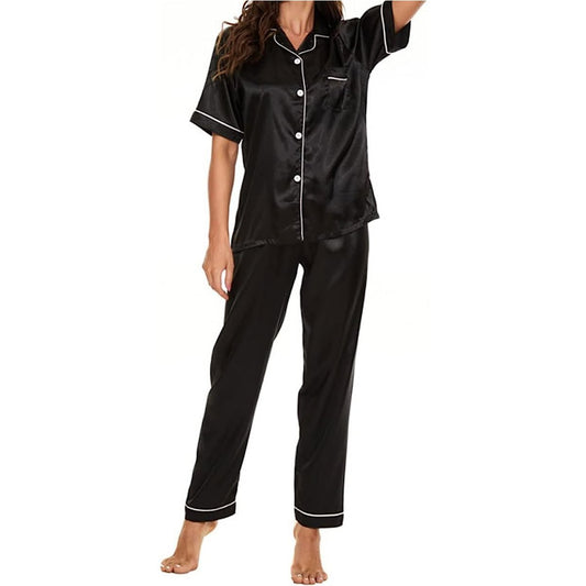 Women's Satin Pajama Short Sleeve Pink top and Full Length Set image 1