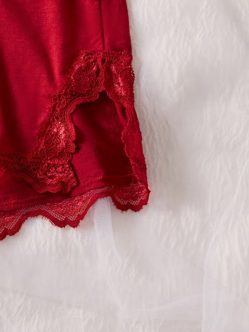 Women's Burgundy Lace Camisole & Shorts Pajama Set – Elegant Soft Sleepwear image 5