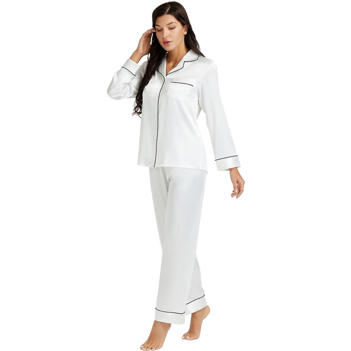 Caprisious Women’s Full Sleeve Silk Satin Pajama Set — Ivory