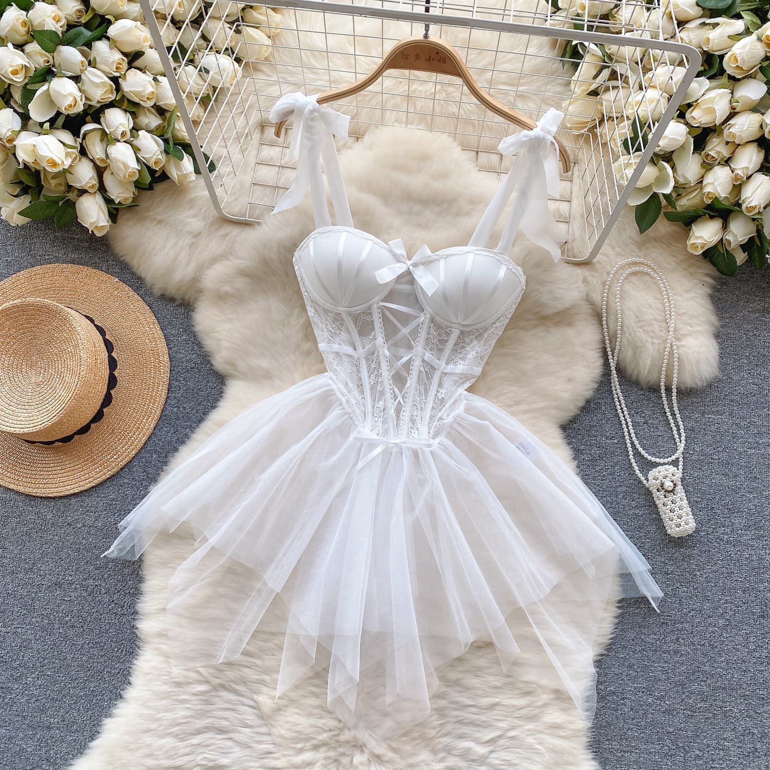Caprisious Elegant Lace Corset Dress with Adjustable Straps and Matching Bottoms