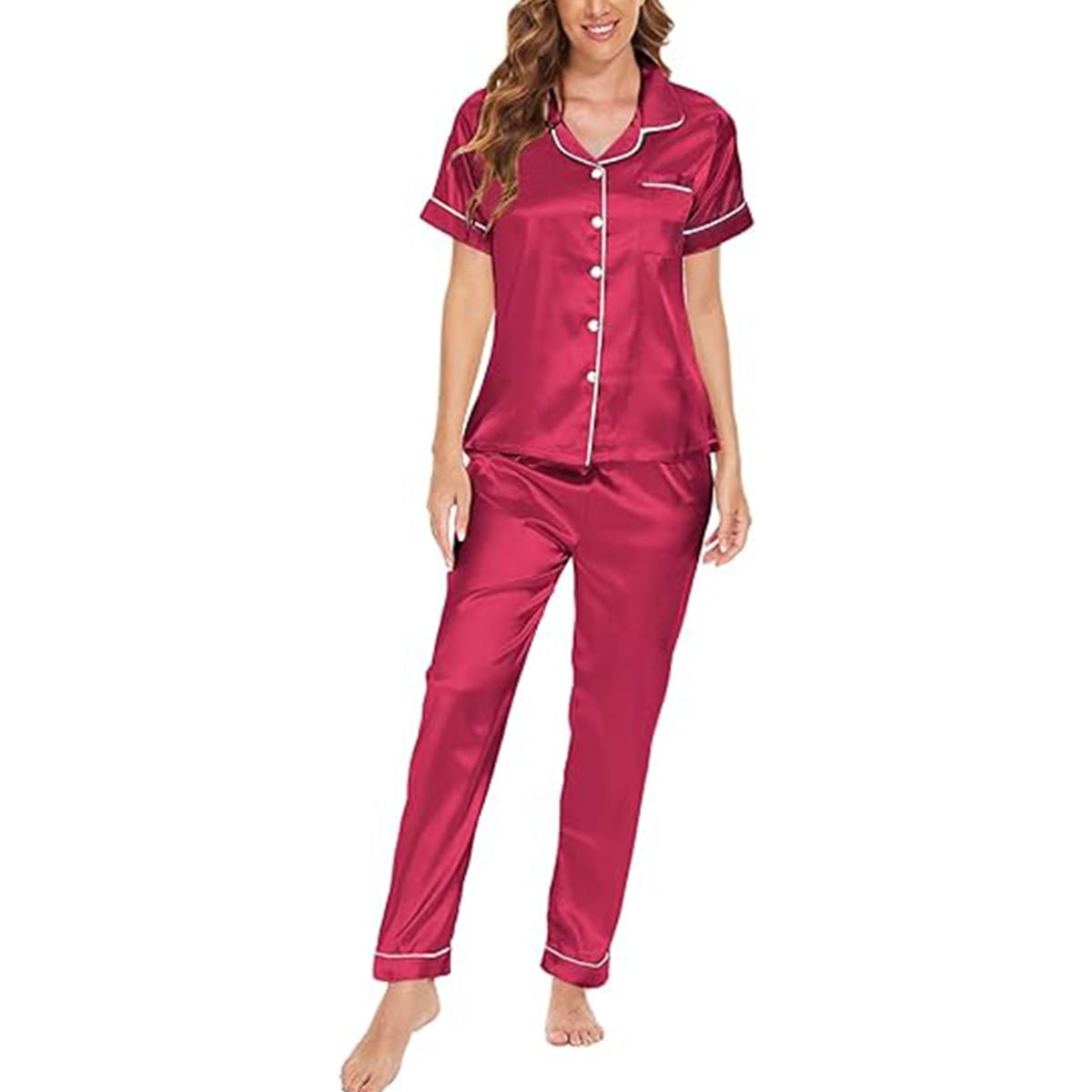 Women’s Satin Pajama Short Sleeve Pink top and Full Length Set image 0