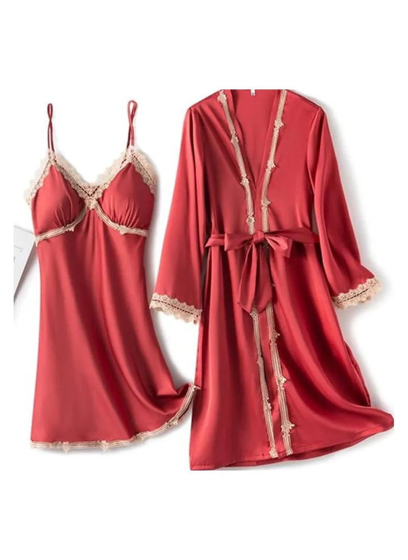 2-Piece Satin Robe and Chemise Sleepwear Set with Lace Intimate Lingerie and Bathrobe image 0