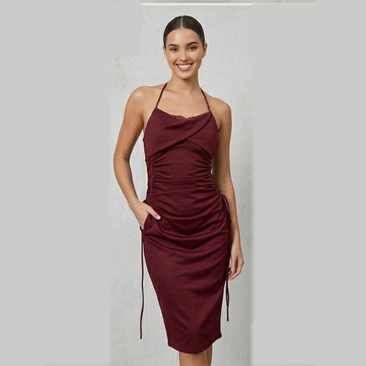 Elegant Burgundy Halter Neck Ruched Midi Dress with Lace Detailing