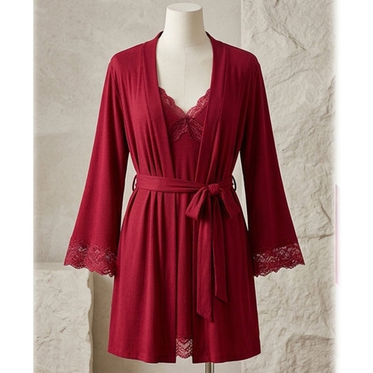 Lace-Trimmed Ribbed Lounge Set – 2-Piece Robe & Nightgown Set