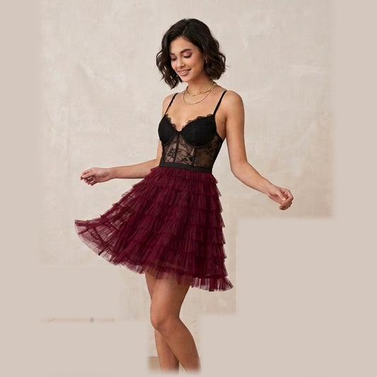 Burgundy Tulle-Tiered & Lace Corset Mini Dress