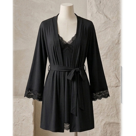 Lace-Trimmed Ribbed Lounge Set – 2-Piece Robe & Nightgown Set