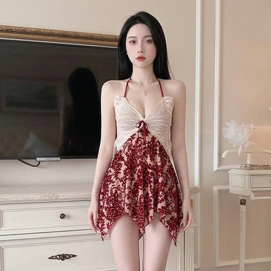 Elegant Butterfly Lace Halter Chemise - Floral Velvet Sleepwear