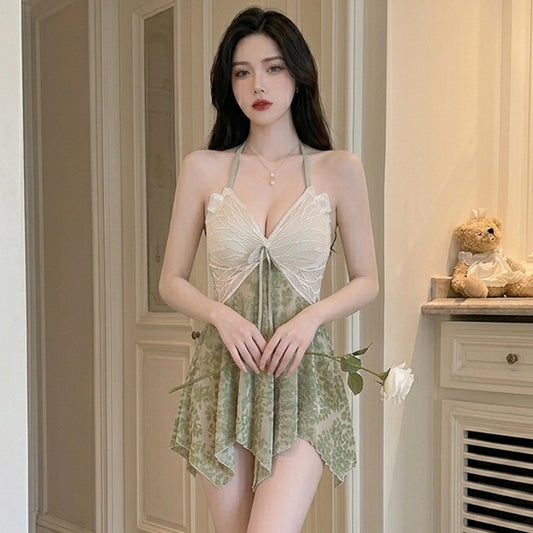 Elegant Butterfly Lace Halter Chemise - Floral Velvet Sleepwear