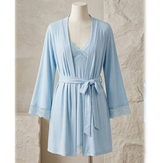 Lace-Trimmed Ribbed Lounge Set – 2-Piece Robe & Nightgown Set