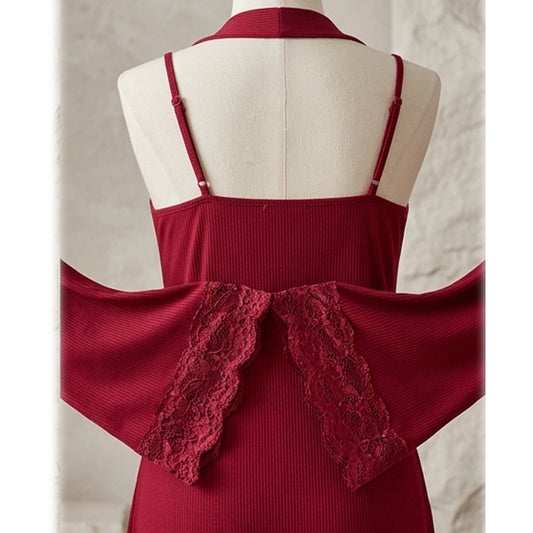Lace-Trimmed Ribbed Lounge Set – 2-Piece Robe & Nightgown Set