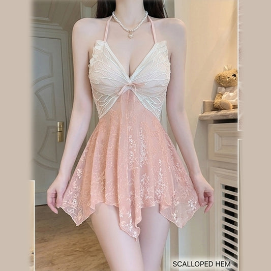 Elegant Butterfly Lace Halter Chemise - Floral Velvet Sleepwear