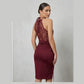 Elegant Burgundy Halter Neck Ruched Midi Dress with Lace Detailing