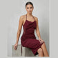 Elegant Burgundy Halter Neck Ruched Midi Dress with Lace Detailing