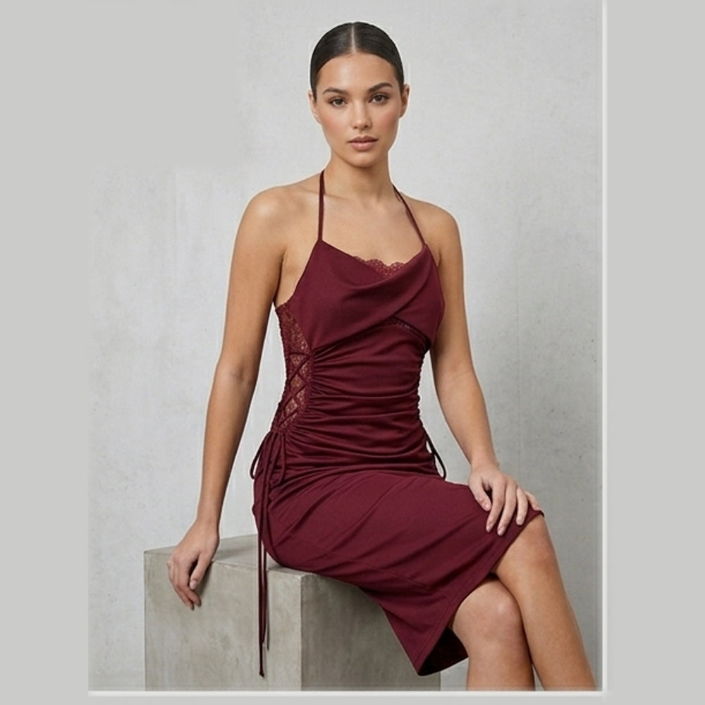 Elegant Burgundy Halter Neck Ruched Midi Dress with Lace Detailing