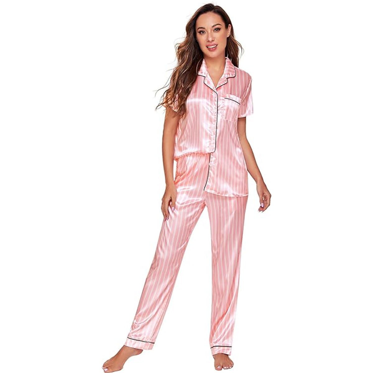 Women's Sleepwear Striped Satin Short Sleeve Shirt and Pants Pajama Set image 0