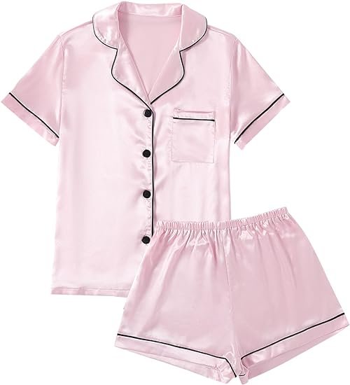 Women’s Satin Pajama Short Sleeve Baby Pink top and Shorts Set image 0