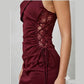 Elegant Burgundy Halter Neck Ruched Midi Dress with Lace Detailing