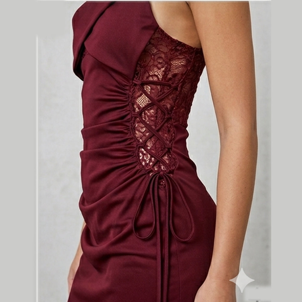 Elegant Burgundy Halter Neck Ruched Midi Dress with Lace Detailing
