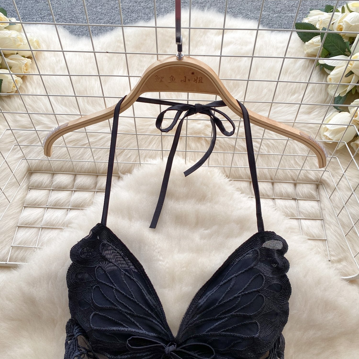 Elegant Butterfly-Inspired Halter Neck Satin Dress with Lace Bodice image 4