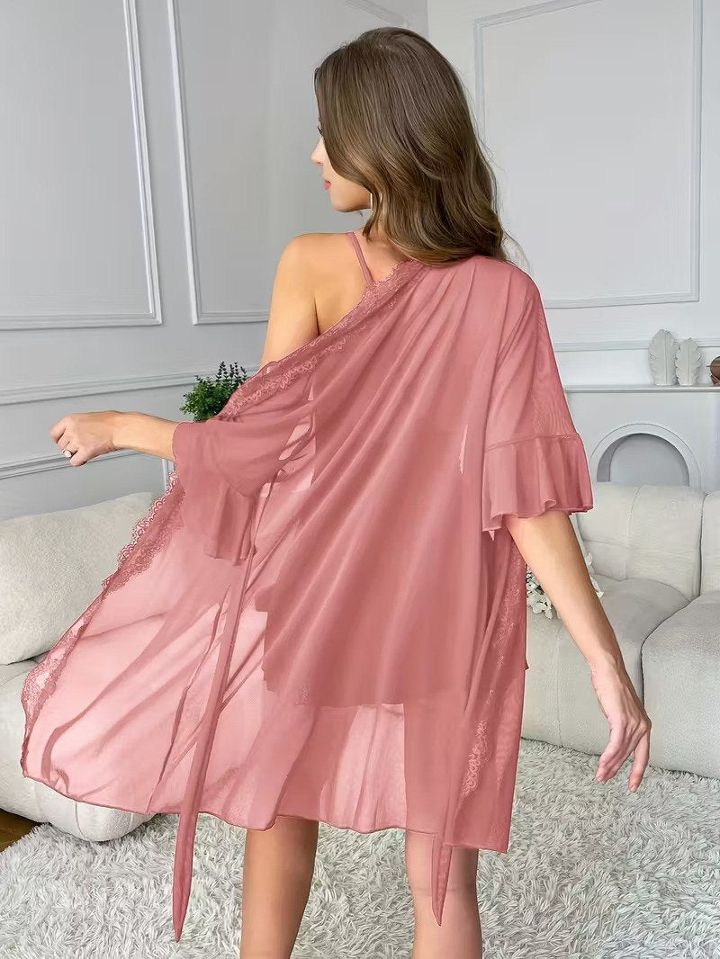 Women's Blush Pink Lace Nightdress with Sheer Robe – Soft Elegant Sleepwear Set image 1