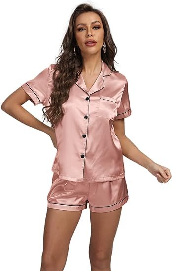 Women’s Satin Pajama Short Sleeve Champagne Pink top and Shorts Set image 3