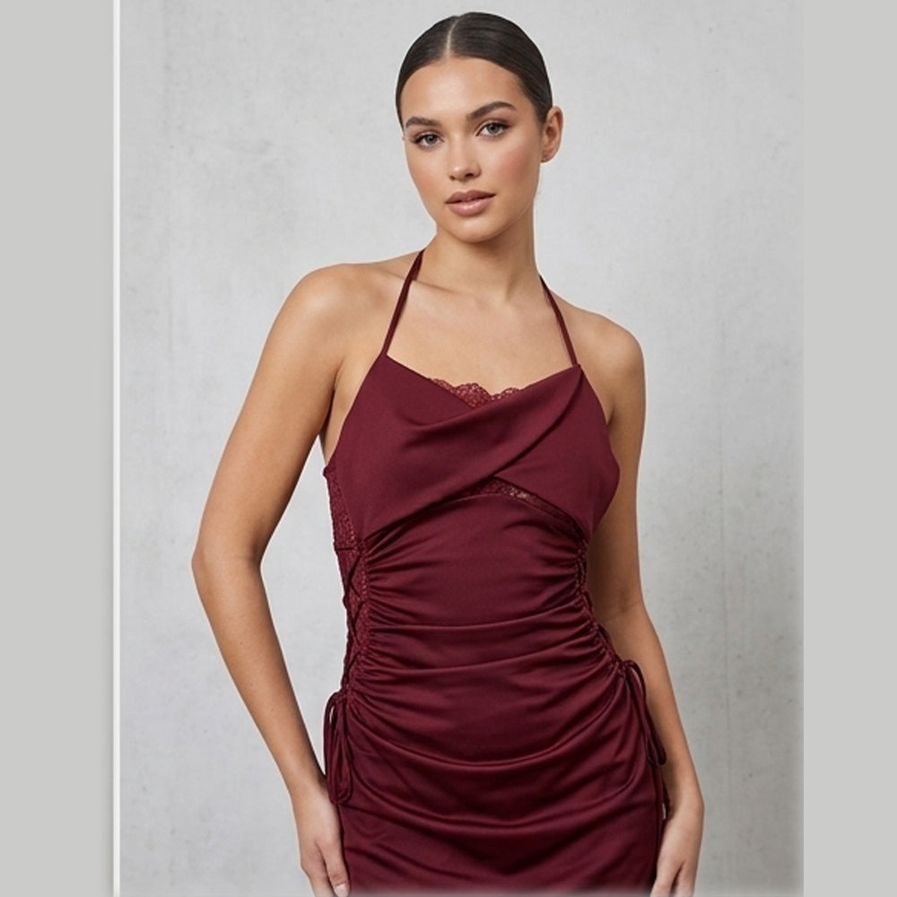 Elegant Burgundy Halter Neck Ruched Midi Dress with Lace Detailing