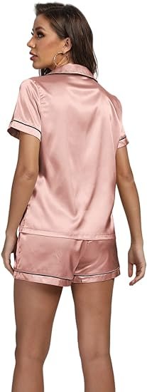 Women’s Satin Pajama Short Sleeve Champagne Pink top and Shorts Set image 4
