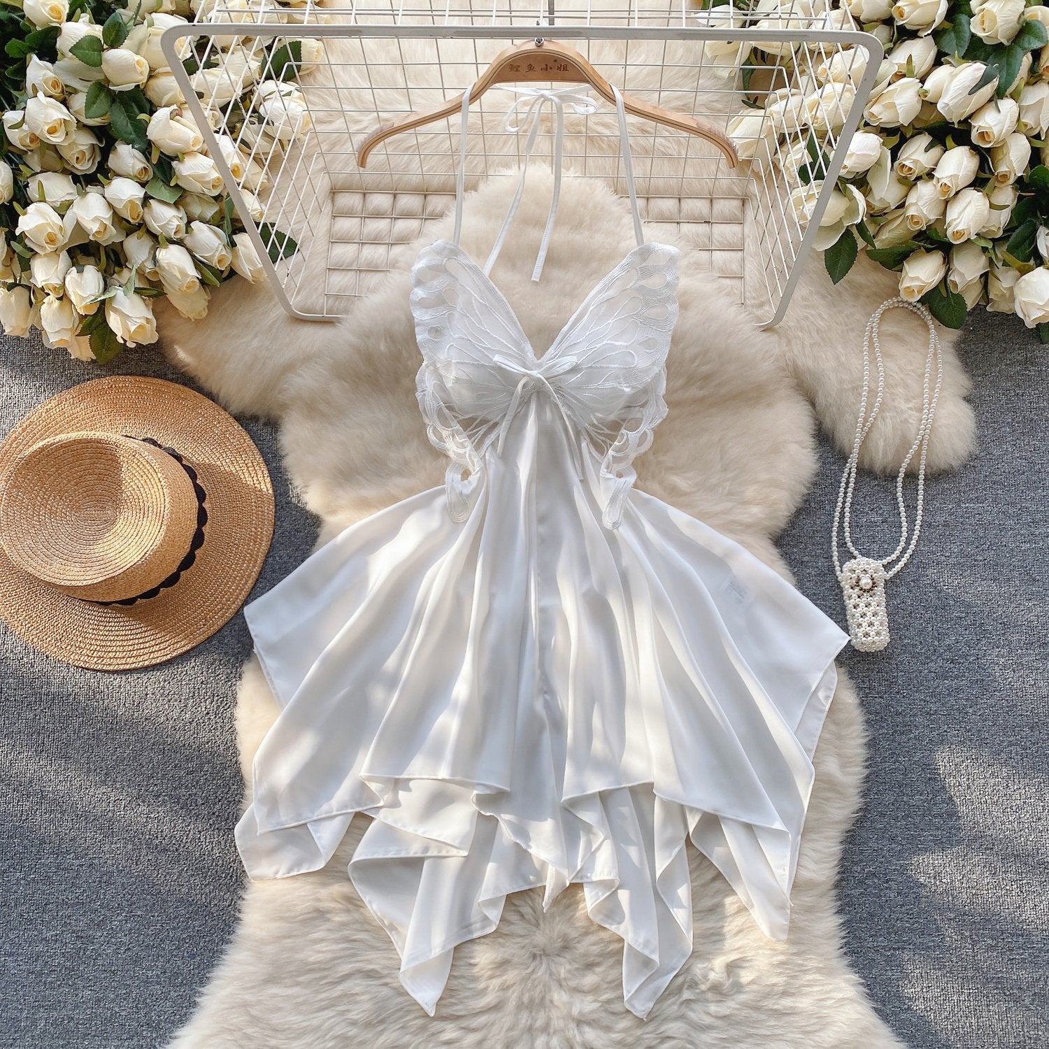 Elegant Butterfly-Inspired Halter Neck Satin Dress with Lace Bodice image 0