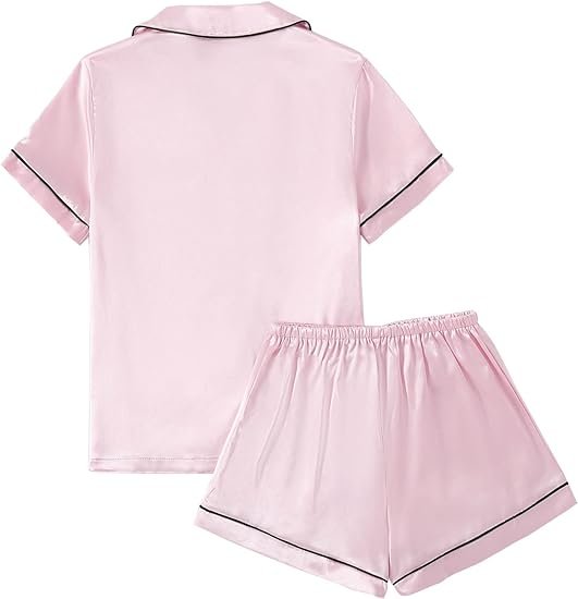 Women’s Satin Pajama Short Sleeve Baby Pink top and Shorts Set image 1