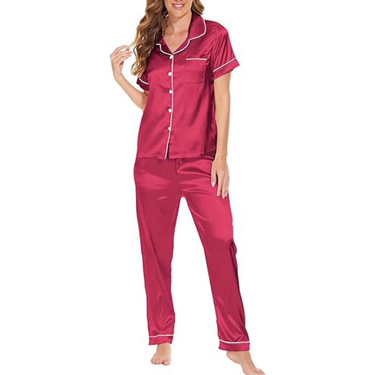 Women’s Satin Pajama Short Sleeve Pink top and Full Length Set image 1