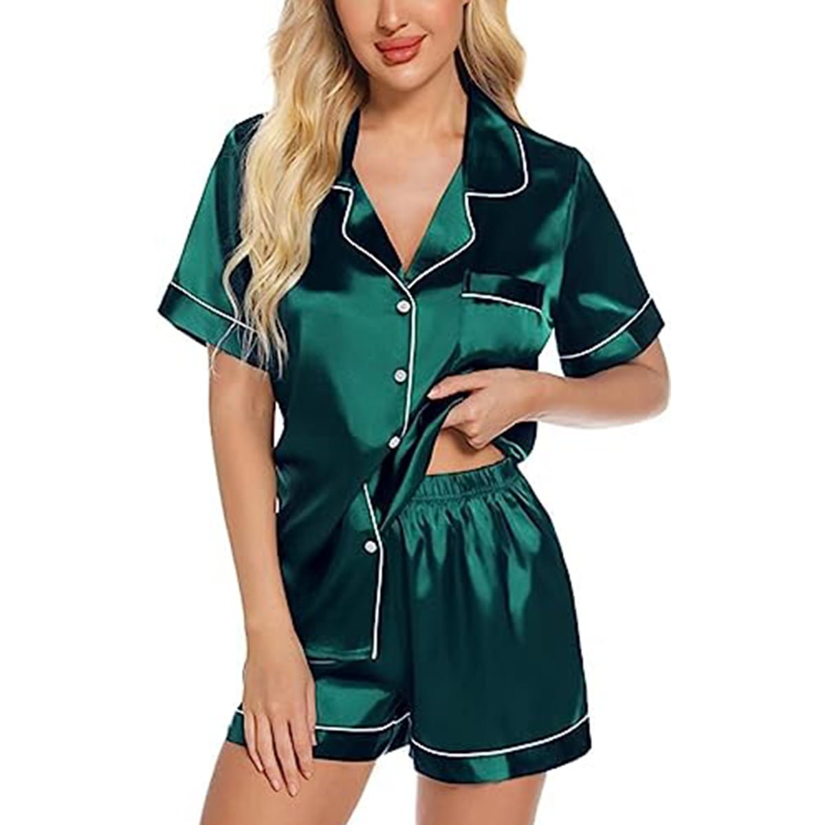 Women's Satin Pajama Short Sleeve Green top and Shorts Set image 5