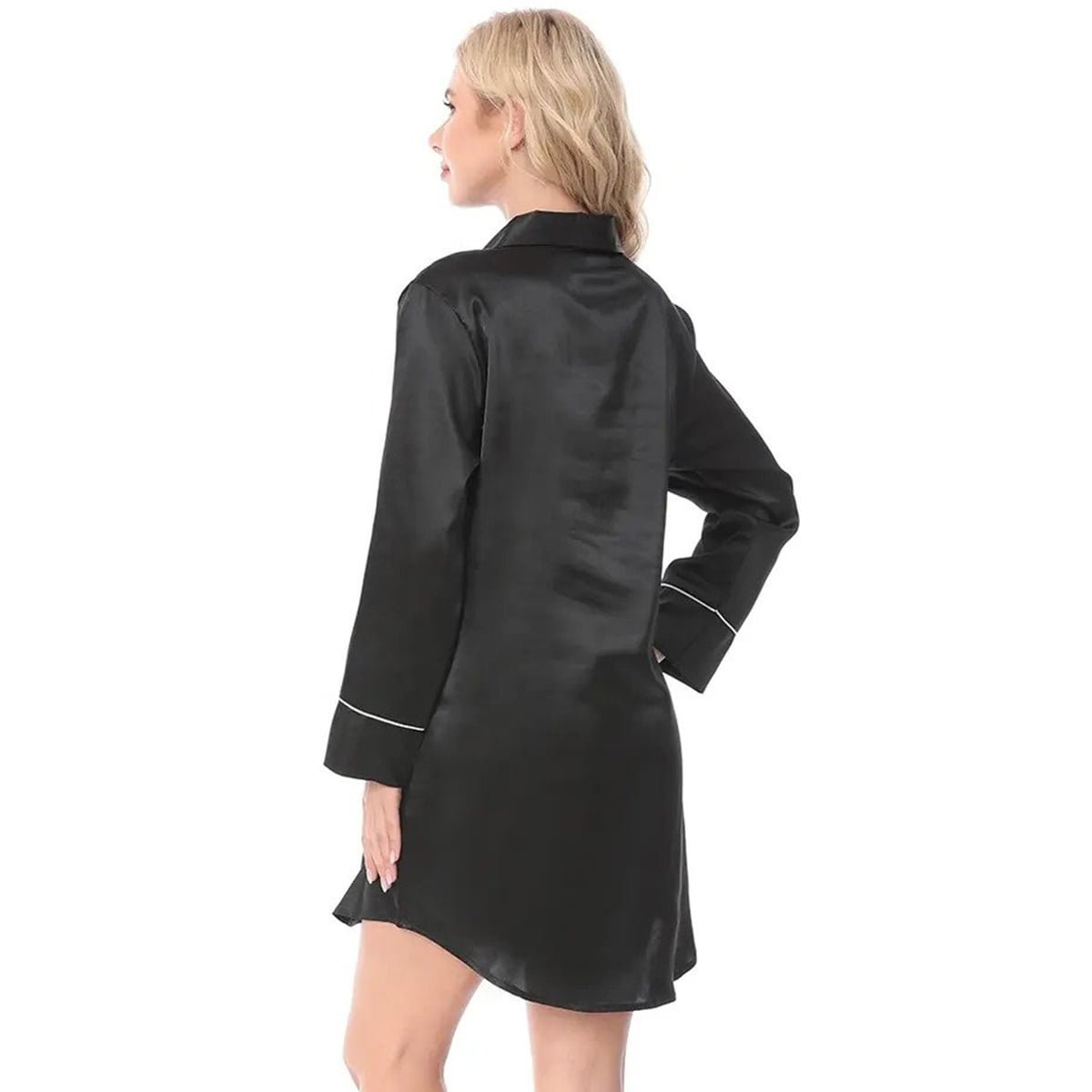 Satin Long Sleeve Sleep Nightshirt Pajama Top Black image 2