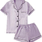 Women’s Satin Pajama Short Sleeve Purple top and Shorts Set image 0