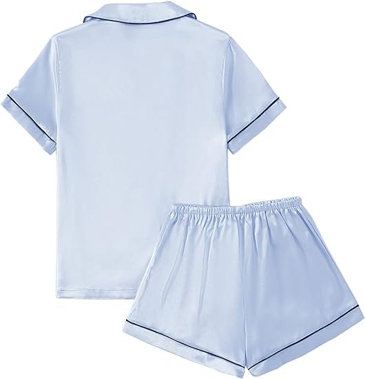 Women’s Satin Pajama Short Sleeve Baby Blue top and Shorts Set image 1