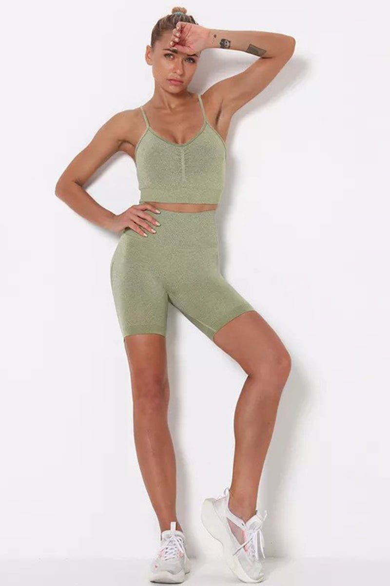Comfortable Amy Green Seamless Legging/Short And Sports Bra Set image 0