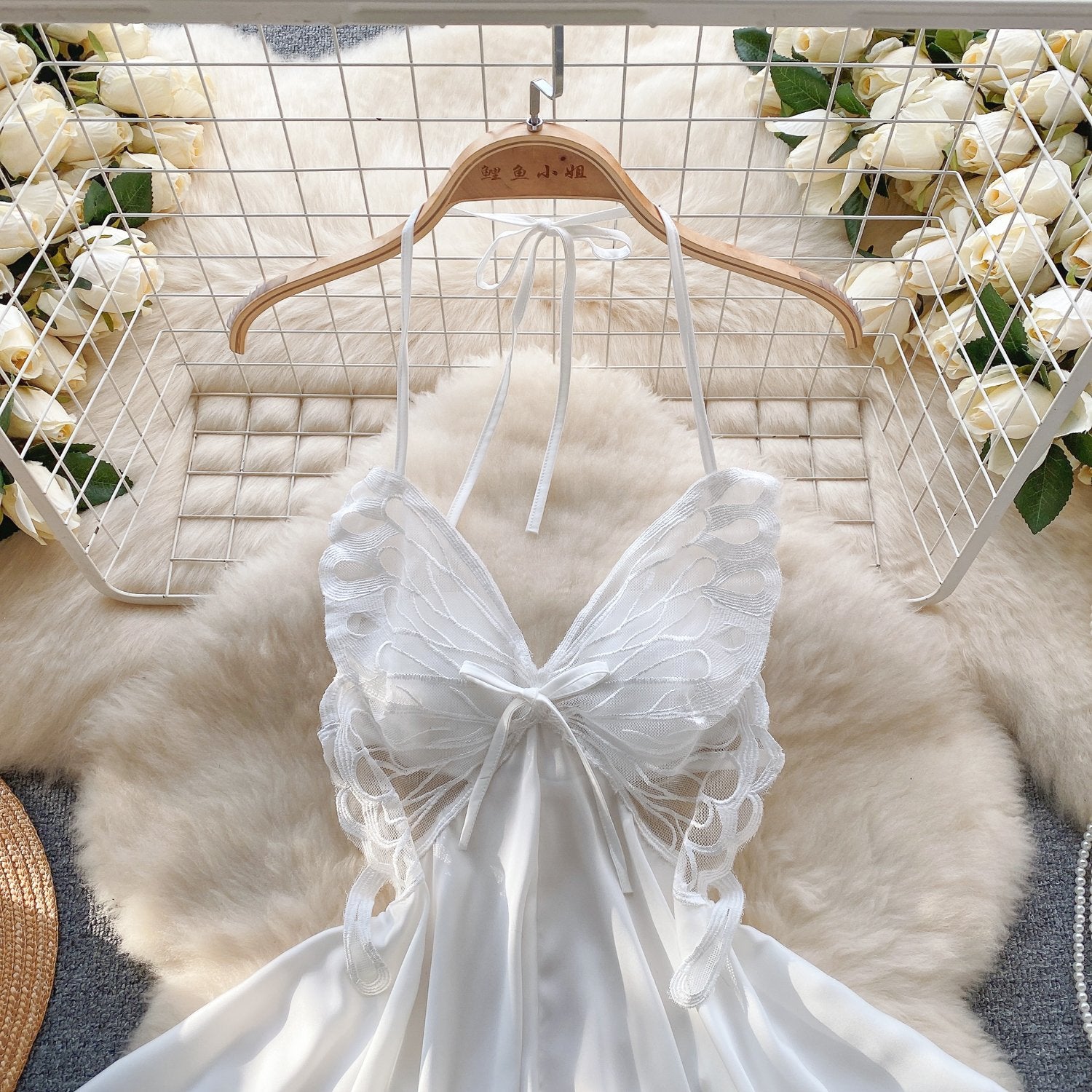 Elegant Butterfly-Inspired Halter Neck Satin Dress with Lace Bodice image 3