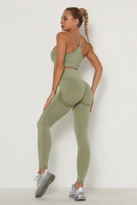 Comfortable Amy Green Seamless Legging/Short And Sports Bra Set image 1