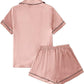 Women’s Satin Pajama Short Sleeve Champagne Pink top and Shorts Set image 1