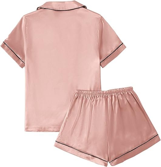 Women’s Satin Pajama Short Sleeve Champagne Pink top and Shorts Set image 1