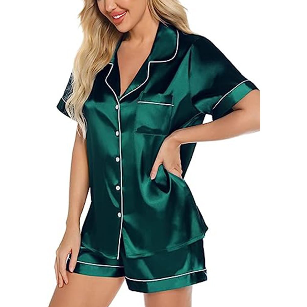 Women's Satin Pajama Short Sleeve Green top and Shorts Set image 1